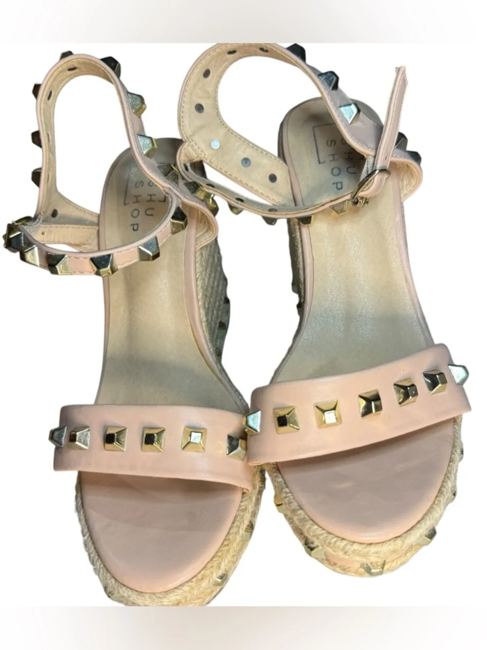 7.5 Gold Studded Wedge Sandals Nude Pink Espadrille Shu Shop Chic Miami Vacation